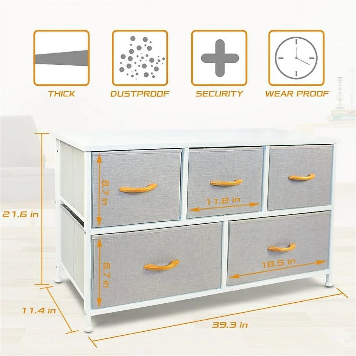 Dresser for Closet with 5 Drawers, Wide Chest of Drawers, Fabric Dresser, Storage Organizer Unit with Fabric Bins for Bedroom, Living Room, Hallway, Nursery, Light Gray