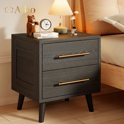 Modern Nightstand - 20" Height Wooden Bedside Table with 2 Drawers, Gold Handles, Wide Storage Dresser for Bedroom, Black