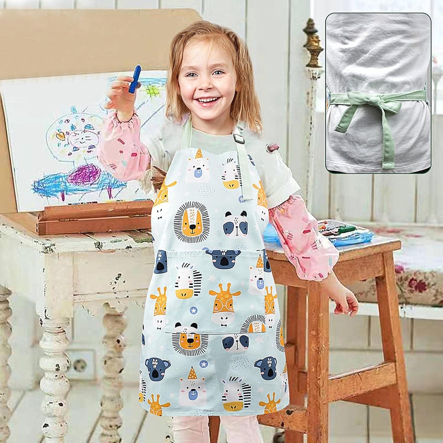 Kids Apron Adjustable Strap for Boys and Girls 100% Cotton, Toddler Chef Apron with Pocket for Kitchen Cooking