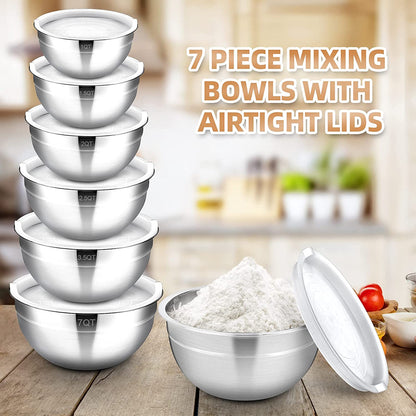 Mixing Bowls Set of 7, AIKIW Stainless Steel Mixing Bowls with Lids, Size 7,3.5,2.5,2,1.5,1,0.67QT, Stackable Design Metal Nesting Bowls for Kitchen Cooking, Baking, Marinating