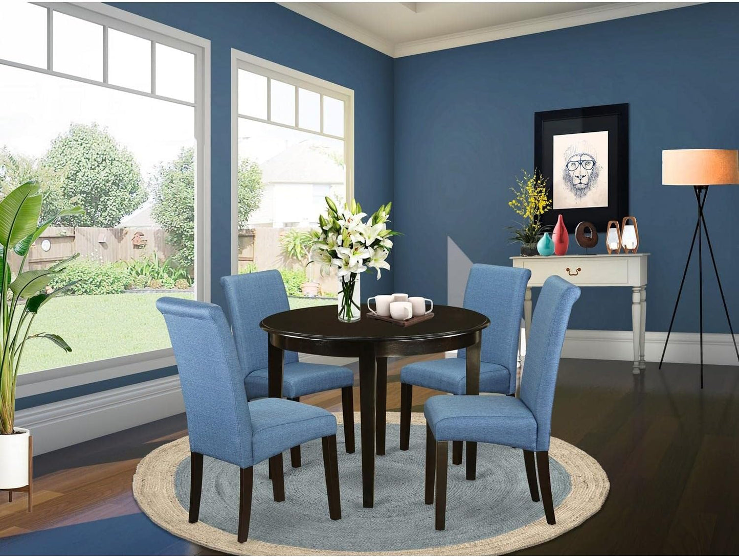 BOBA5-CAP-21 5 Piece Kitchen Table & Chairs Set Includes a round Dining Room Table and 4 Blue Color Linen Fabric Parsons Dinette Chairs, 42X42 Inch, Cappuccino