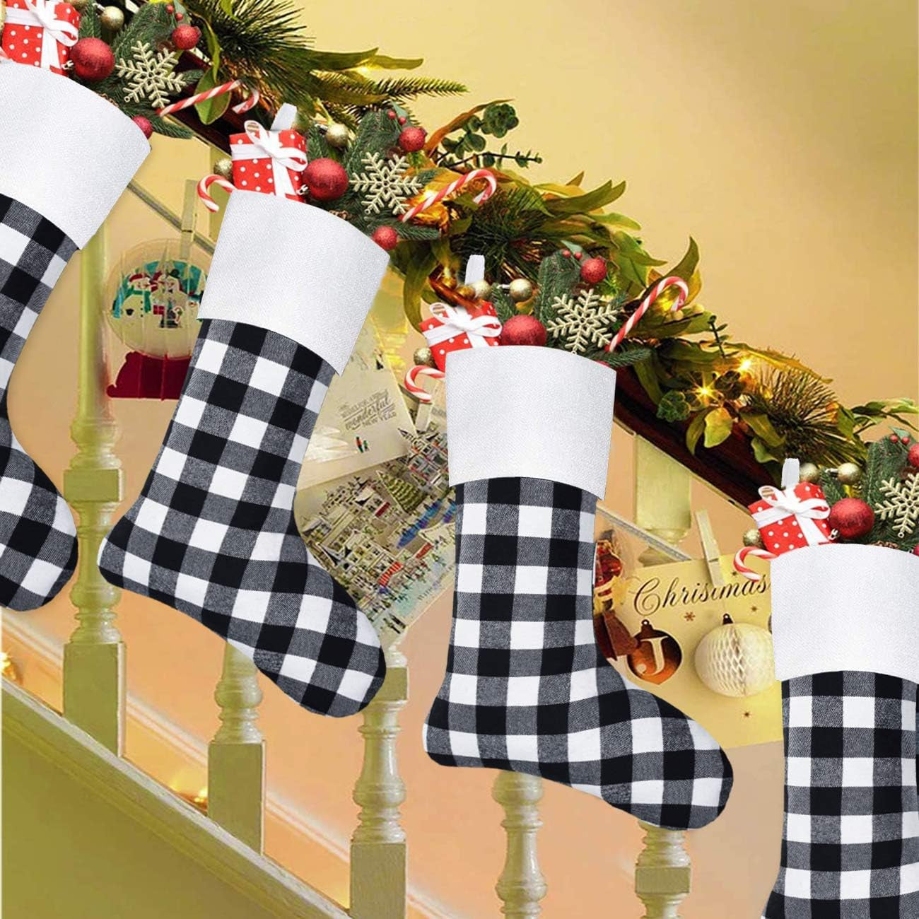 6 Pack Christmas Stockings- 18 Inch Black White Buffalo Plaid Christmas Stockings Fireplace Hanging Stockings for Family Xmas Holiday Season Party Decor