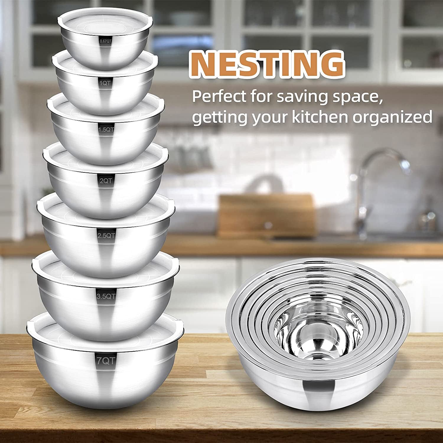 Mixing Bowls Set of 7, AIKIW Stainless Steel Mixing Bowls with Lids, Size 7,3.5,2.5,2,1.5,1,0.67QT, Stackable Design Metal Nesting Bowls for Kitchen Cooking, Baking, Marinating