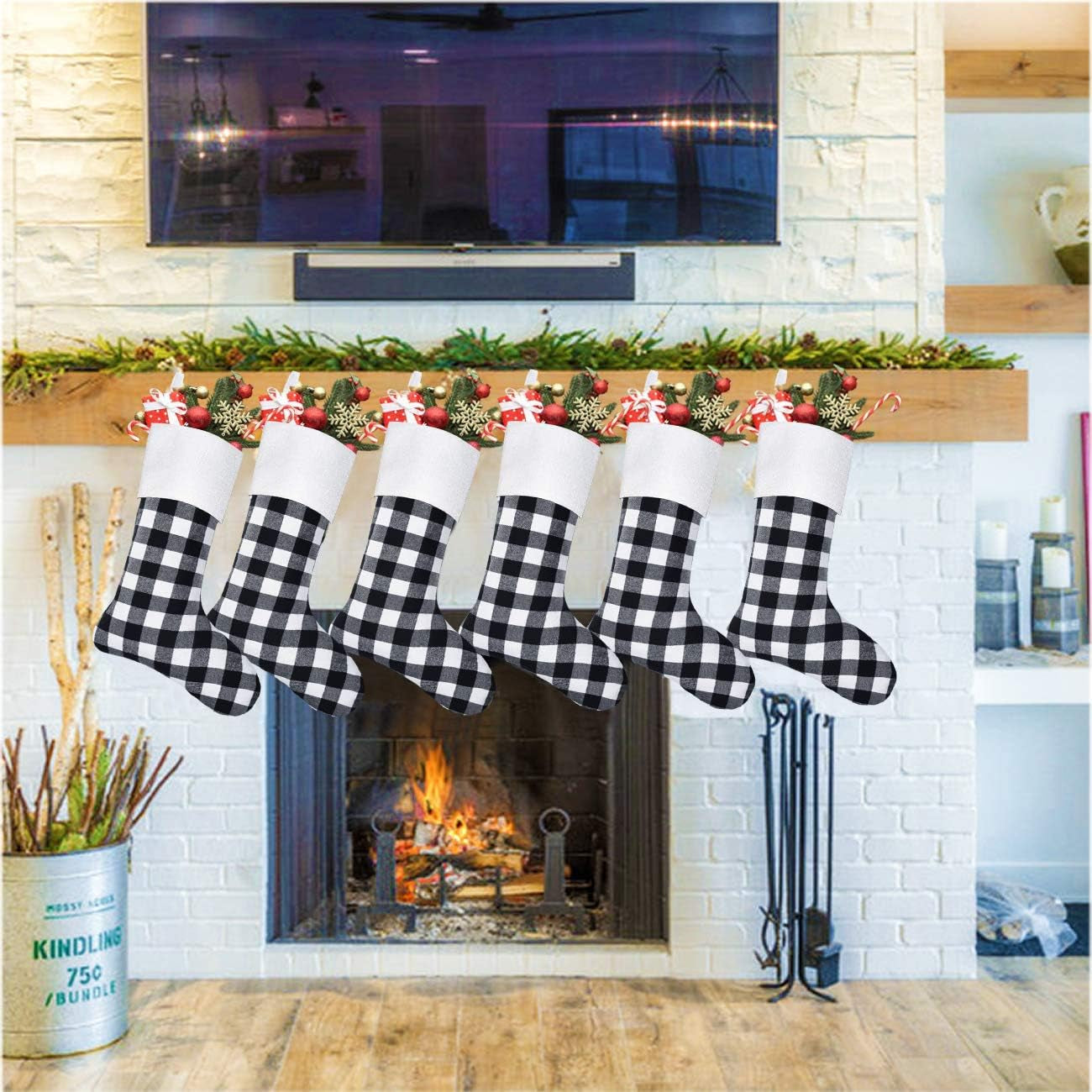 6 Pack Christmas Stockings- 18 Inch Black White Buffalo Plaid Christmas Stockings Fireplace Hanging Stockings for Family Xmas Holiday Season Party Decor