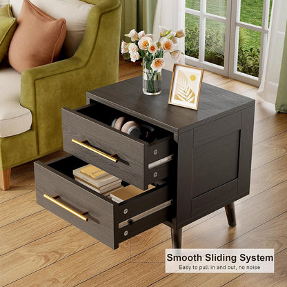 Modern Nightstand - 20" Height Wooden Bedside Table with 2 Drawers, Gold Handles, Wide Storage Dresser for Bedroom, Black