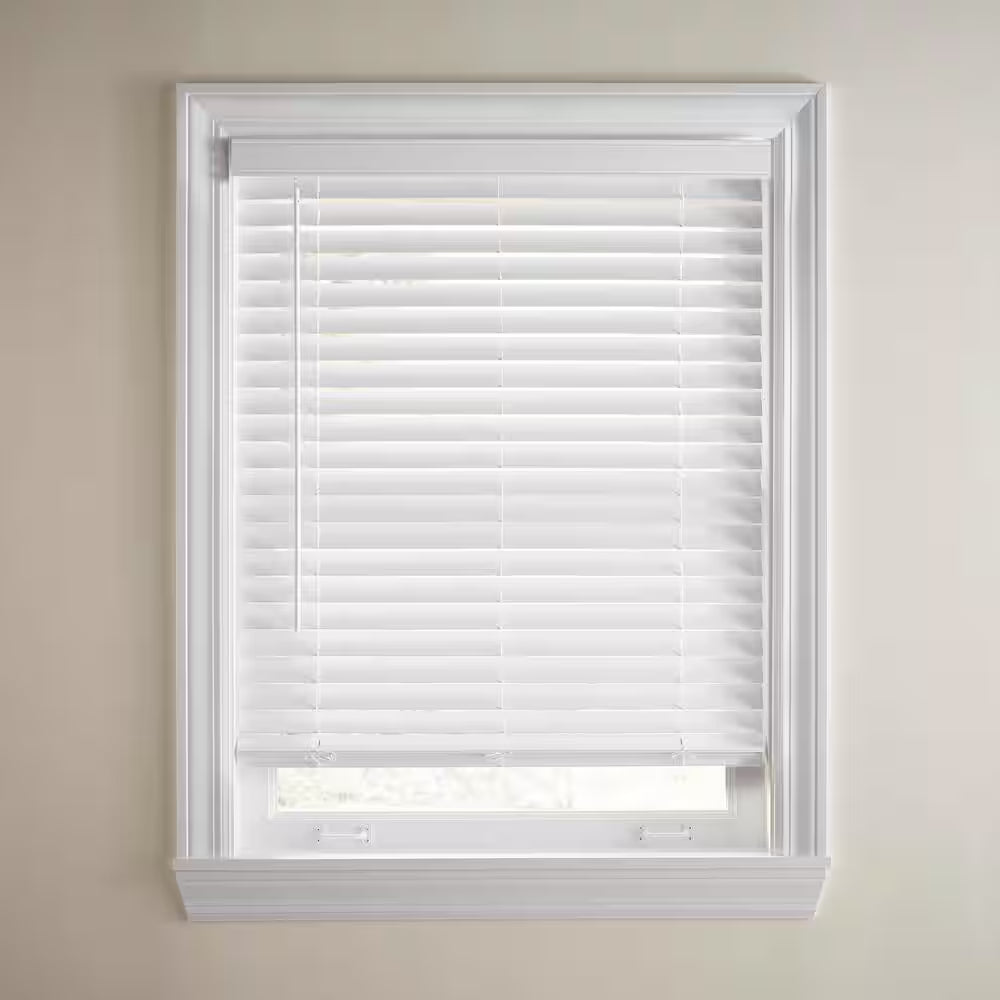 White Cordless Faux Wood Blinds for Windows with 2 In. Slats - 59 In. W X 48 In. L (Actual Size 58.5 In. W X 48 In. L)