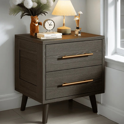 Modern Nightstand - 20" Height Wooden Bedside Table with 2 Drawers, Gold Handles, Wide Storage Dresser for Bedroom, Black