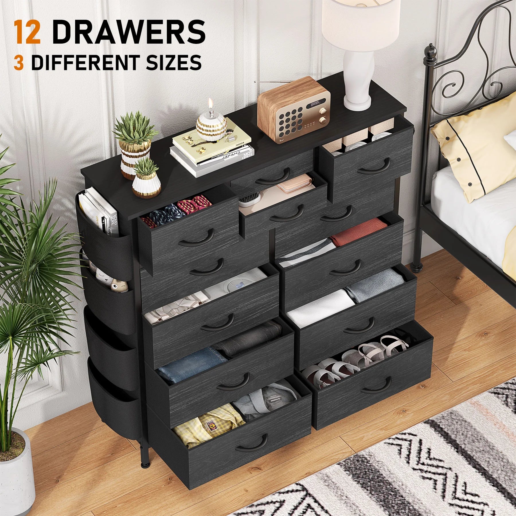 Black Dresser with 12 Drawer, Dressers for Bedroom Tall Dresser Chest of Drawers Fabric Storage Dresser for Living Room