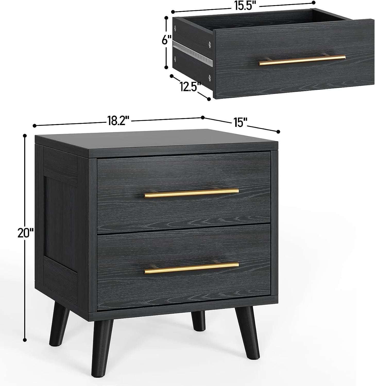 Modern Nightstand - 20" Height Wooden Bedside Table with 2 Drawers, Gold Handles, Wide Storage Dresser for Bedroom, Black