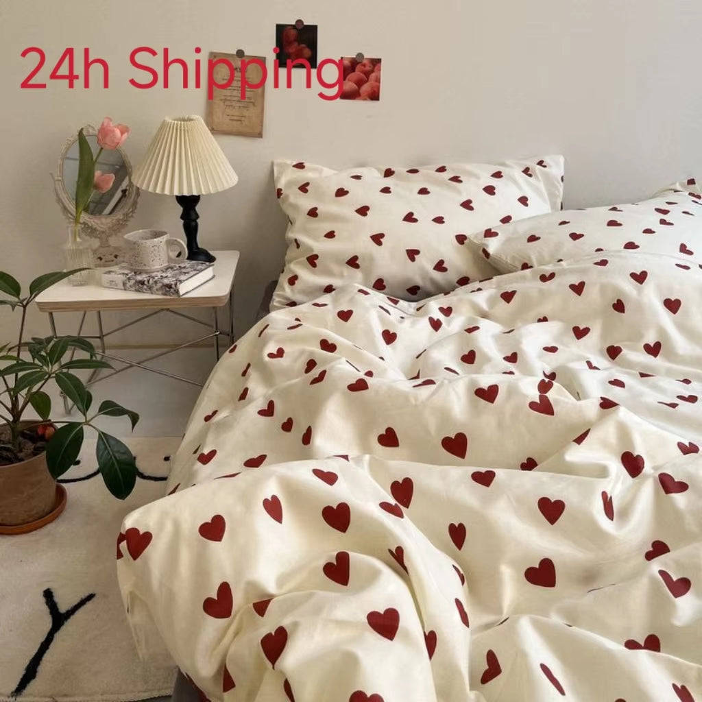 Korean Style Bedding Set Kid Adult Twin Full Queen Size Bed Flat Sheet Love Heart Duvet Cover Set Pillowcase Bed Linen No Filler