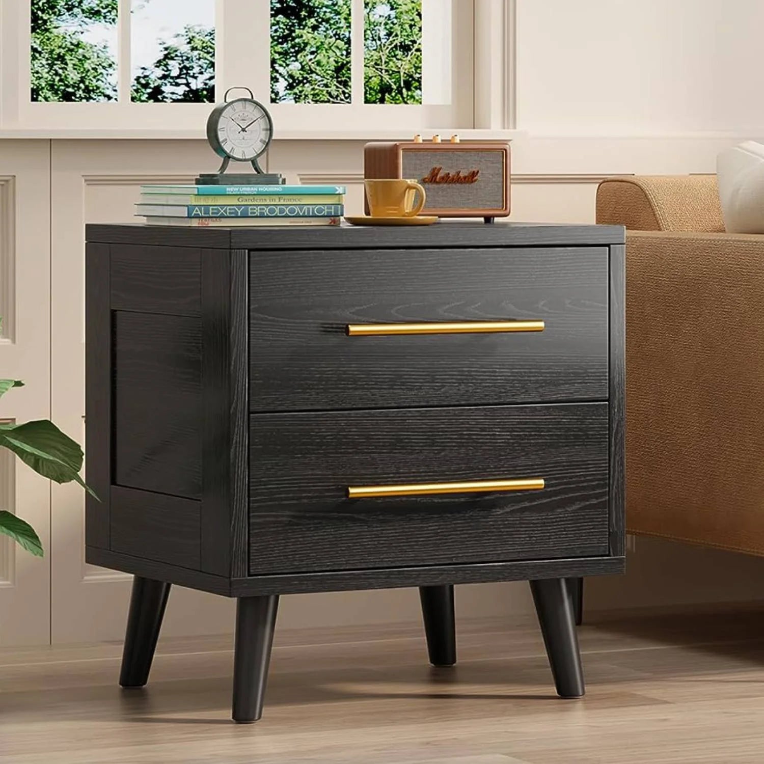 Modern Nightstand - 20" Height Wooden Bedside Table with 2 Drawers, Gold Handles, Wide Storage Dresser for Bedroom, Black