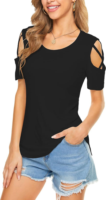 Womens Cold Shoulder Tops Casual Crewneck Basic Summer Short Sleeve T-Shirts