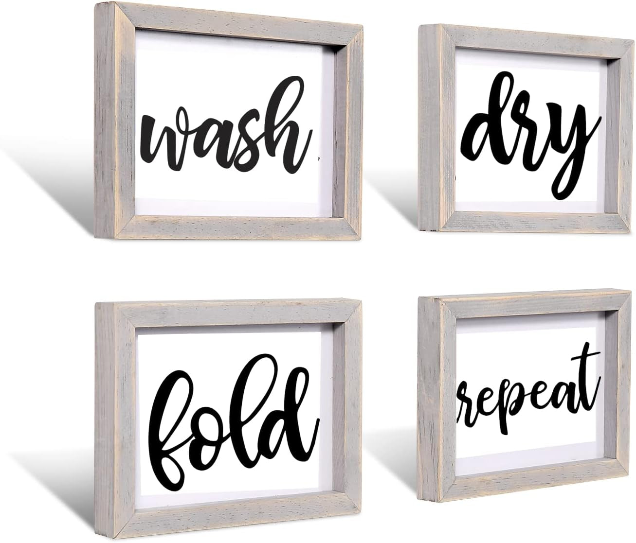 Laundry Room Decor Wash Fold Dry Repeat Mini Signs Set of 4, Farmhouse Decorative Sign Framed Wood Wall Art, Laundry Shelf Decor, 6'' X 8''