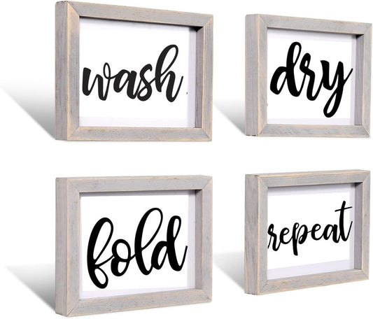 Laundry Room Decor Wash Fold Dry Repeat Mini Signs Set of 4, Farmhouse Decorative Sign Framed Wood Wall Art, Laundry Shelf Decor, 6'' X 8''