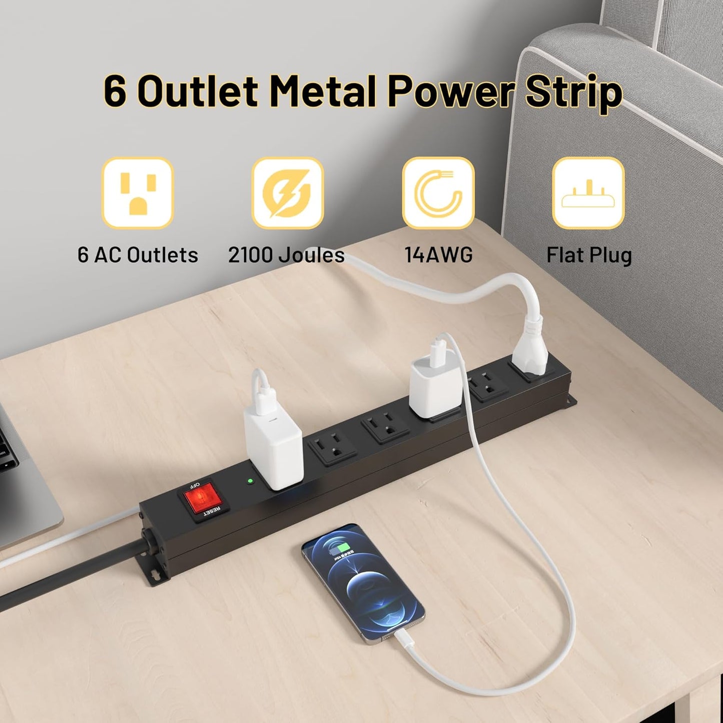 Matel 6 Outlet Power Strip Surge Protection 2100J,Heavy Duty Wide Space Power Strip with Flat Plug,15A/1875W Wall Mount Power Strip with Upgraded Switch,14Awg 6FT Extension Cord in Home,Garage,Shop