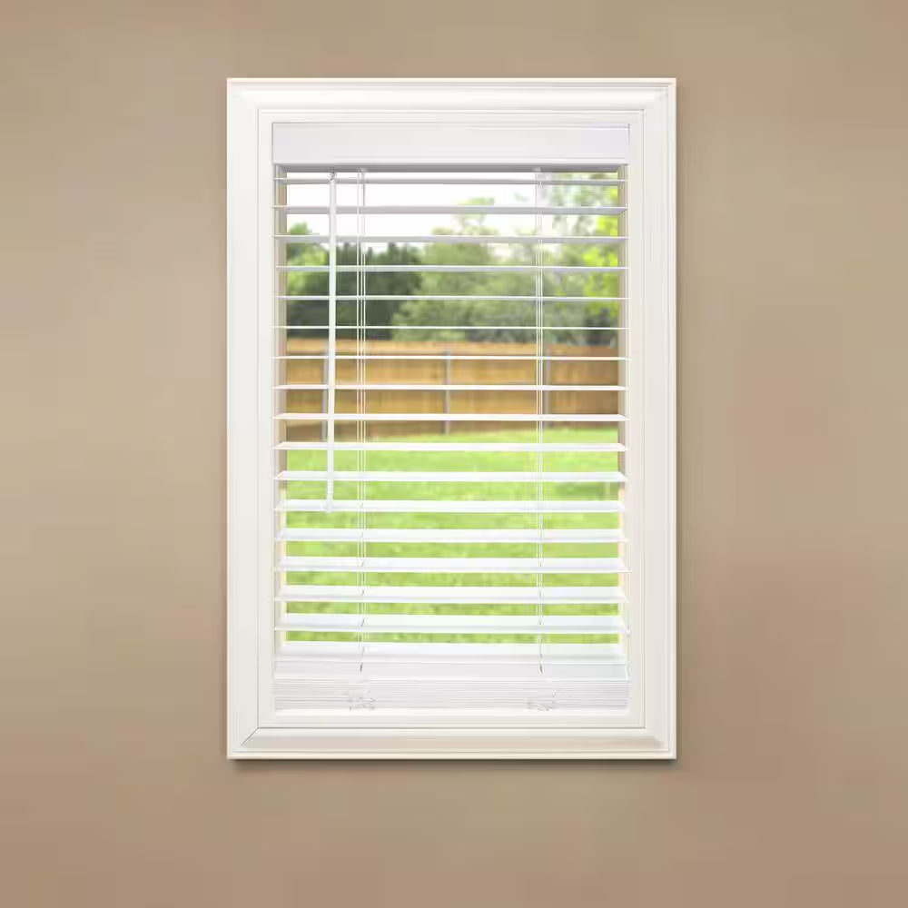 White Cordless Faux Wood Blinds for Windows with 2 In. Slats - 59 In. W X 48 In. L (Actual Size 58.5 In. W X 48 In. L)