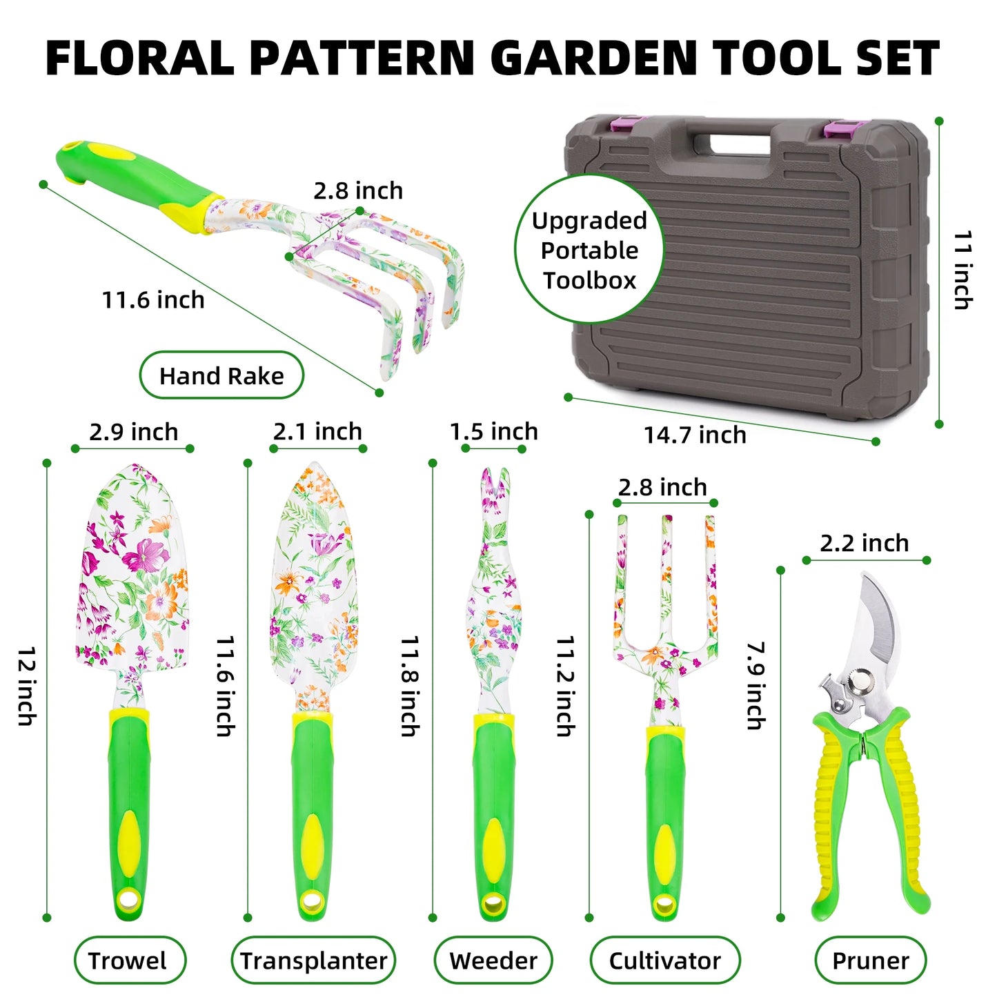 Garden Tools Set, 8PCS Heavy Duty Gardening Tools with Floral Print, Non-Slip Rubber Handle, Garden Hand Tools with Carrying Case Gardening Gifts for Women