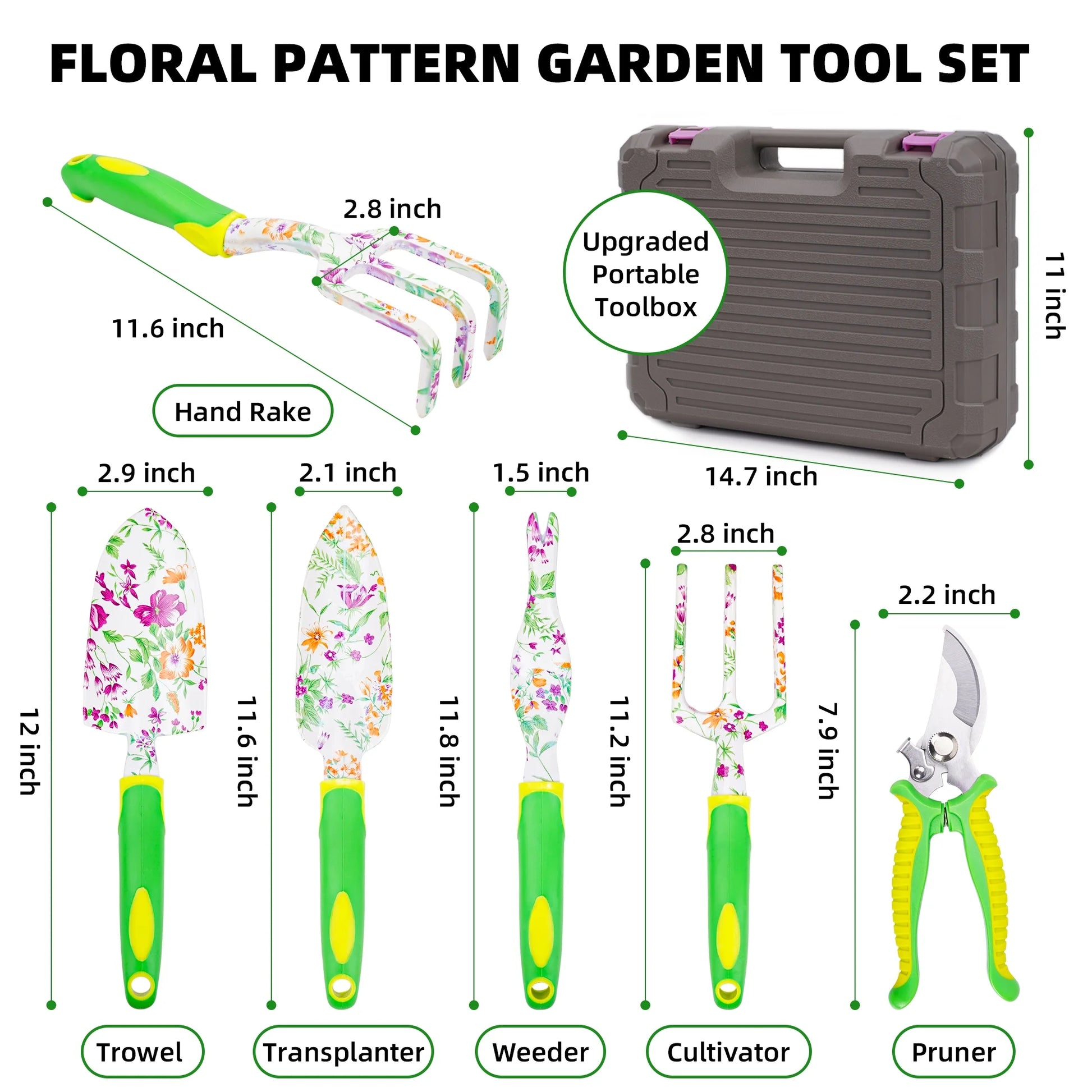 Garden Tools Set, 8PCS Heavy Duty Gardening Tools with Floral Print, Non-Slip Rubber Handle, Garden Hand Tools with Carrying Case Gardening Gifts for Women