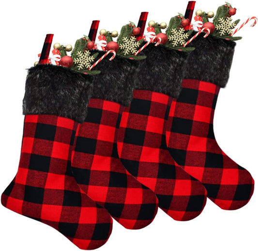 Christmas Stockings- 4 Pack 18" Red Black Buffalo Plaid Christmas Stockings with Plush Faux Fur Cuff, Classic Large Christmas Stockings Decorations for Family Christmas Holiday Party Decor