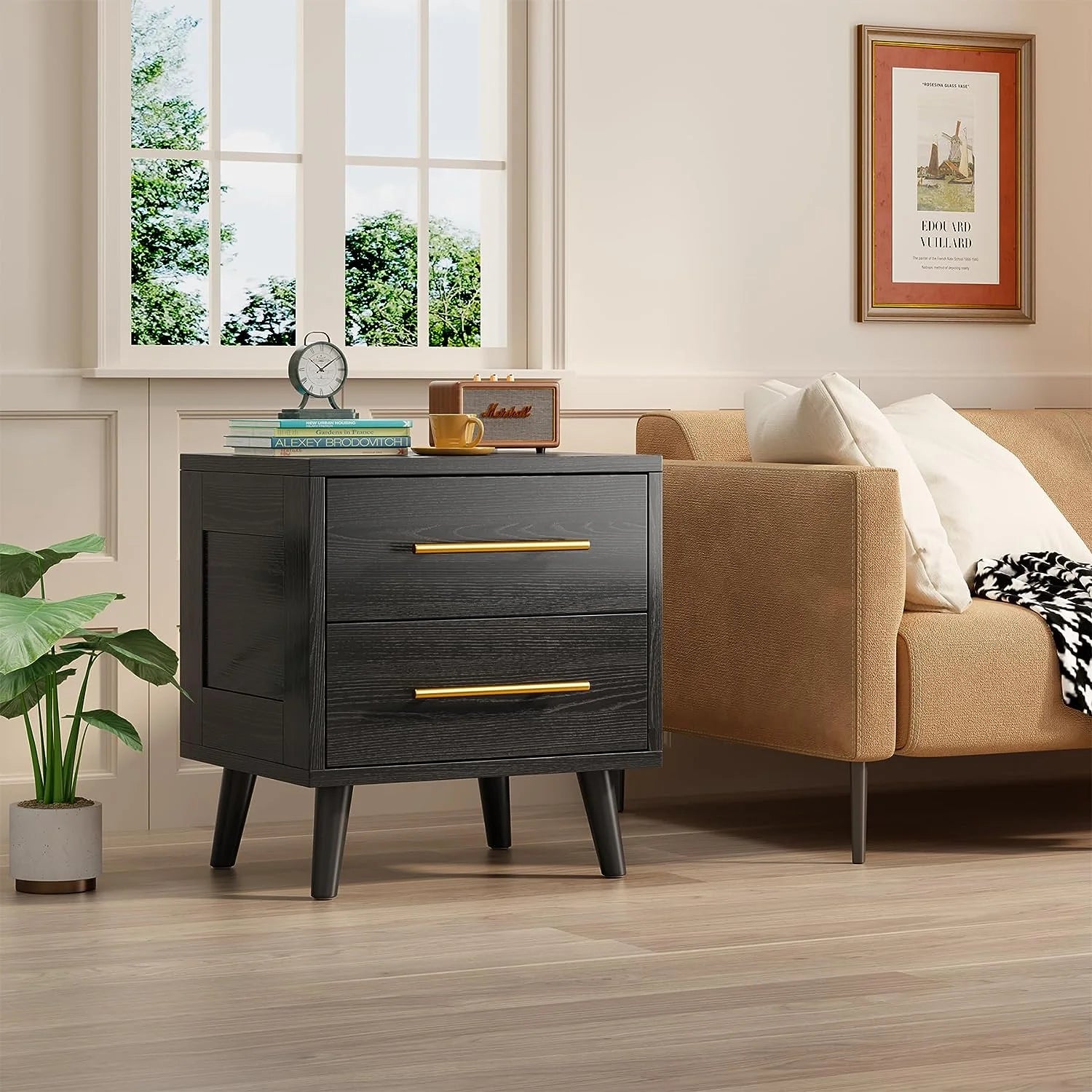 Modern Nightstand - 20" Height Wooden Bedside Table with 2 Drawers, Gold Handles, Wide Storage Dresser for Bedroom, Black