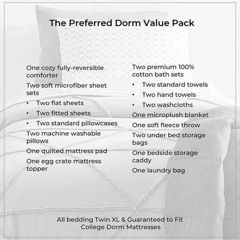 Preferred Dorm Essentials Value Pack - 23 Piece Twin XL Set | Twin XL | Comforter, Sheets, Pad, Topper, Towels, Organization, Storage | Preston Black and Gray | Graphic Black, Gray and White