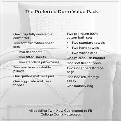 Preferred Dorm Essentials Value Pack - 23 Piece Twin XL Set | Twin XL | Comforter, Sheets, Pad, Topper, Towels, Organization, Storage | Preston Black and Gray | Graphic Black, Gray and White