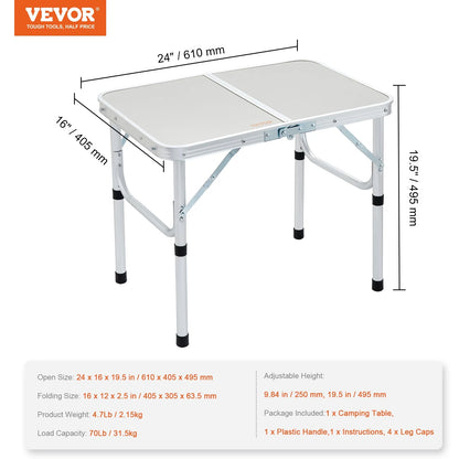 VEVOR Folding Camping Table, Adjustable Height Outdoor Portable Side Tables, Lightweight Fold up Table, Aluminum & MDF Ultra Compact Work Table, for Cooking, Beach, Picnic, Travel, 24X16 Inch, Silver