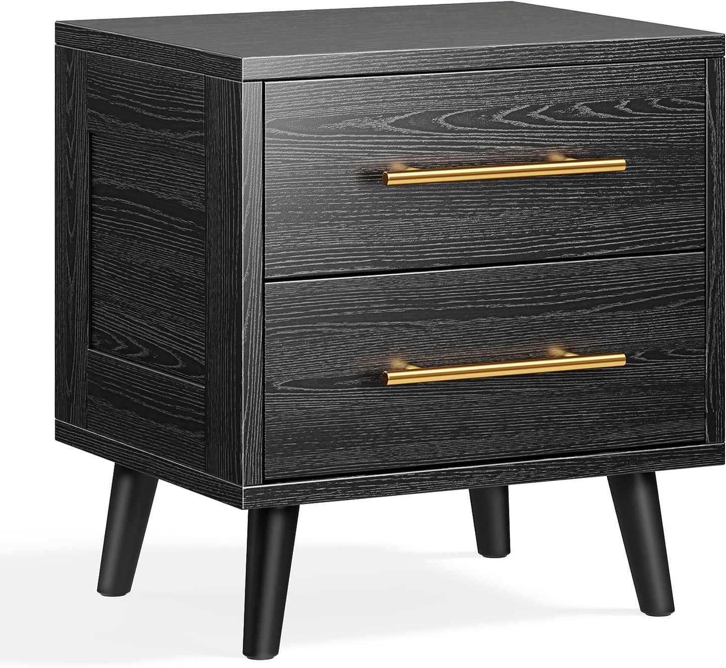 Modern Nightstand - 20" Height Wooden Bedside Table with 2 Drawers, Gold Handles, Wide Storage Dresser for Bedroom, Black