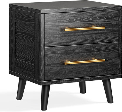 Modern Nightstand - 20" Height Wooden Bedside Table with 2 Drawers, Gold Handles, Wide Storage Dresser for Bedroom, Black