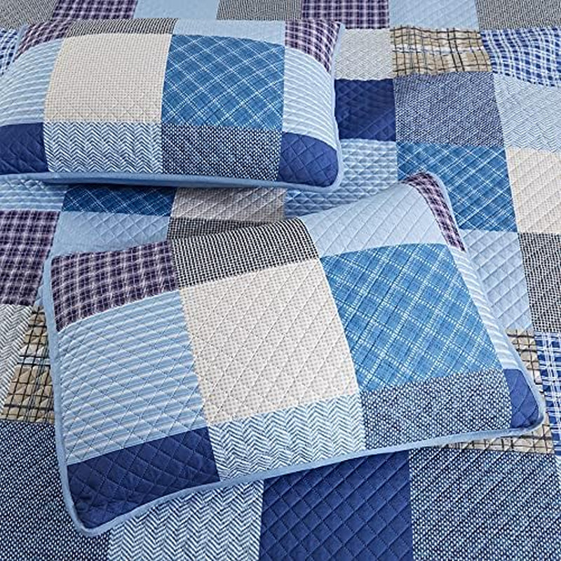 Boaim Queen Quilt Bedding Set Blue - Plaid Comforter Set, Farmhouse 3 Pcs Rustic Stitch Bedding, Lightweight Bedspread All-Season, 1 Coverlet & 2 Pillow Sham Covers(90"X90")