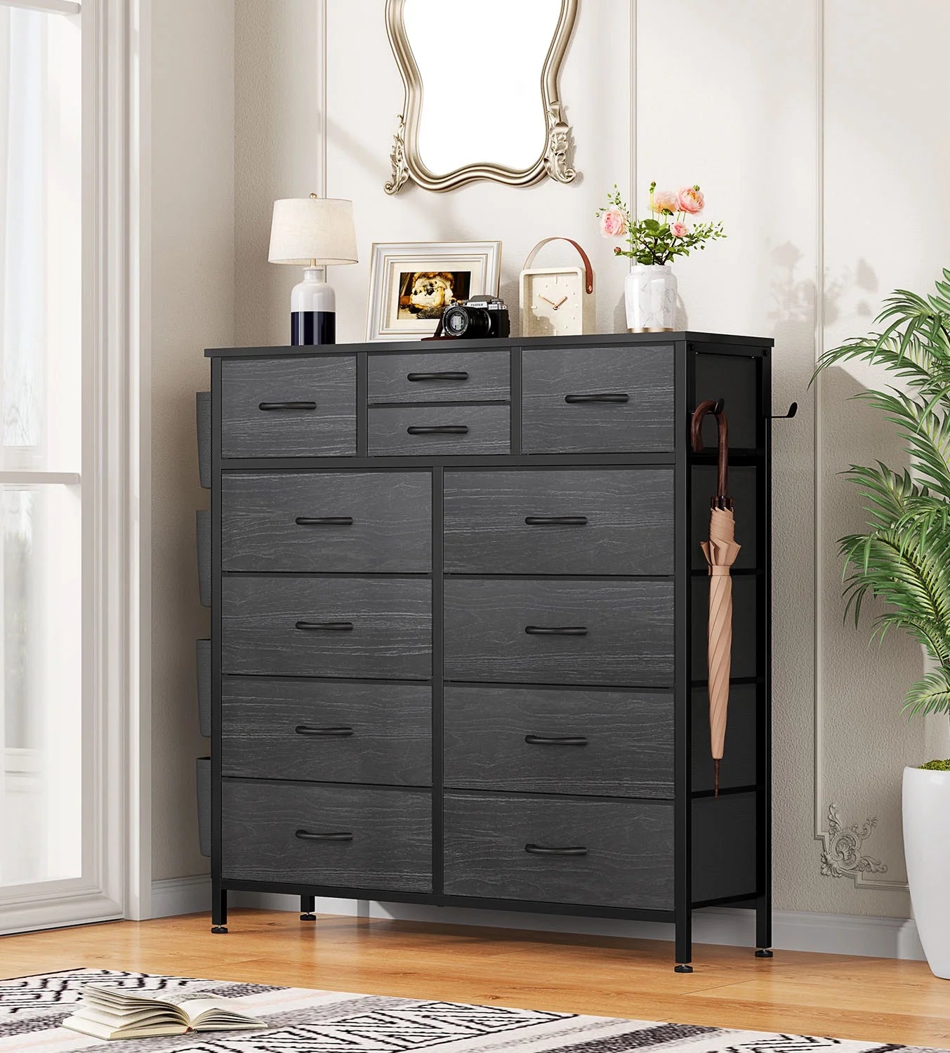 Black Dresser with 12 Drawer, Dressers for Bedroom Tall Dresser Chest of Drawers Fabric Storage Dresser for Living Room