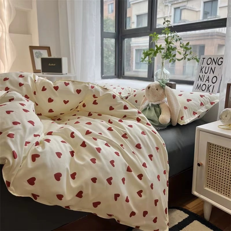 Korean Style Bedding Set Kid Adult Twin Full Queen Size Bed Flat Sheet Love Heart Duvet Cover Set Pillowcase Bed Linen No Filler