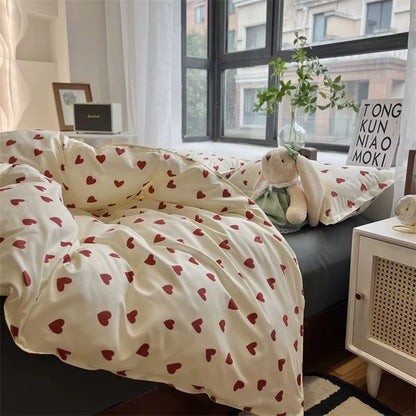 Korean Style Bedding Set Kid Adult Twin Full Queen Size Bed Flat Sheet Love Heart Duvet Cover Set Pillowcase Bed Linen No Filler