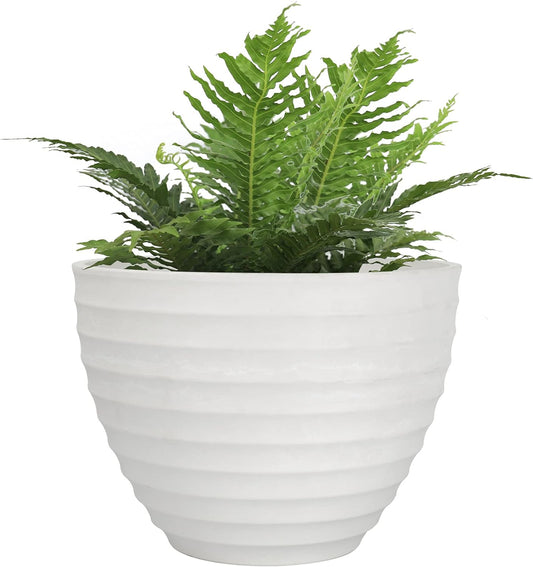 Flower Pot Outdoor Indoor Planter - 10.2 Inch Fluted Plant Pot Garden Planter, White Stone