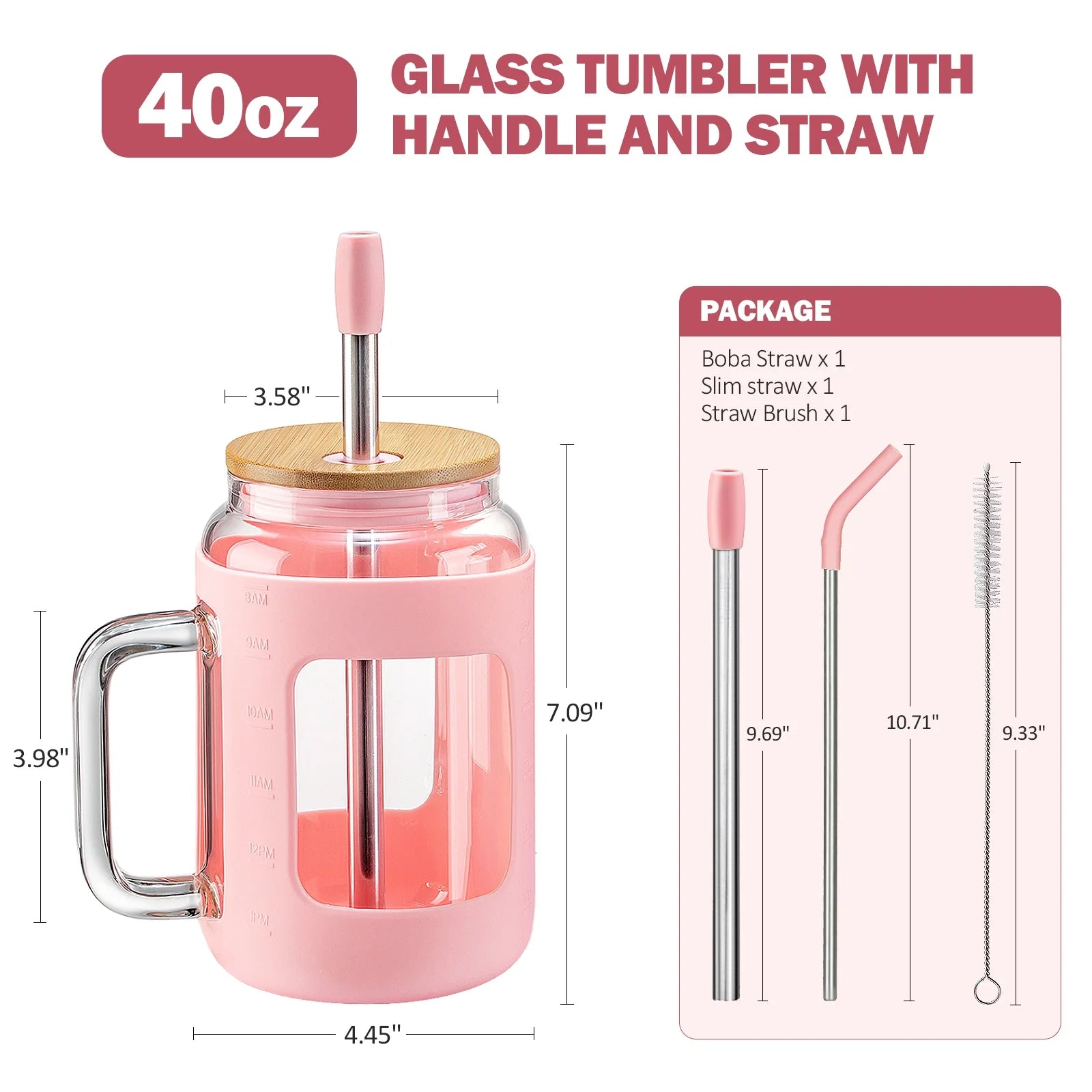 40Oz Glass Tumbler with Bamboo Lid and Straw, Glass Water Bottles with Time and Ounce Marker, Glass Cups with Handle, Iced Coffee Cup with Silicone Protective Sleeve, Pink