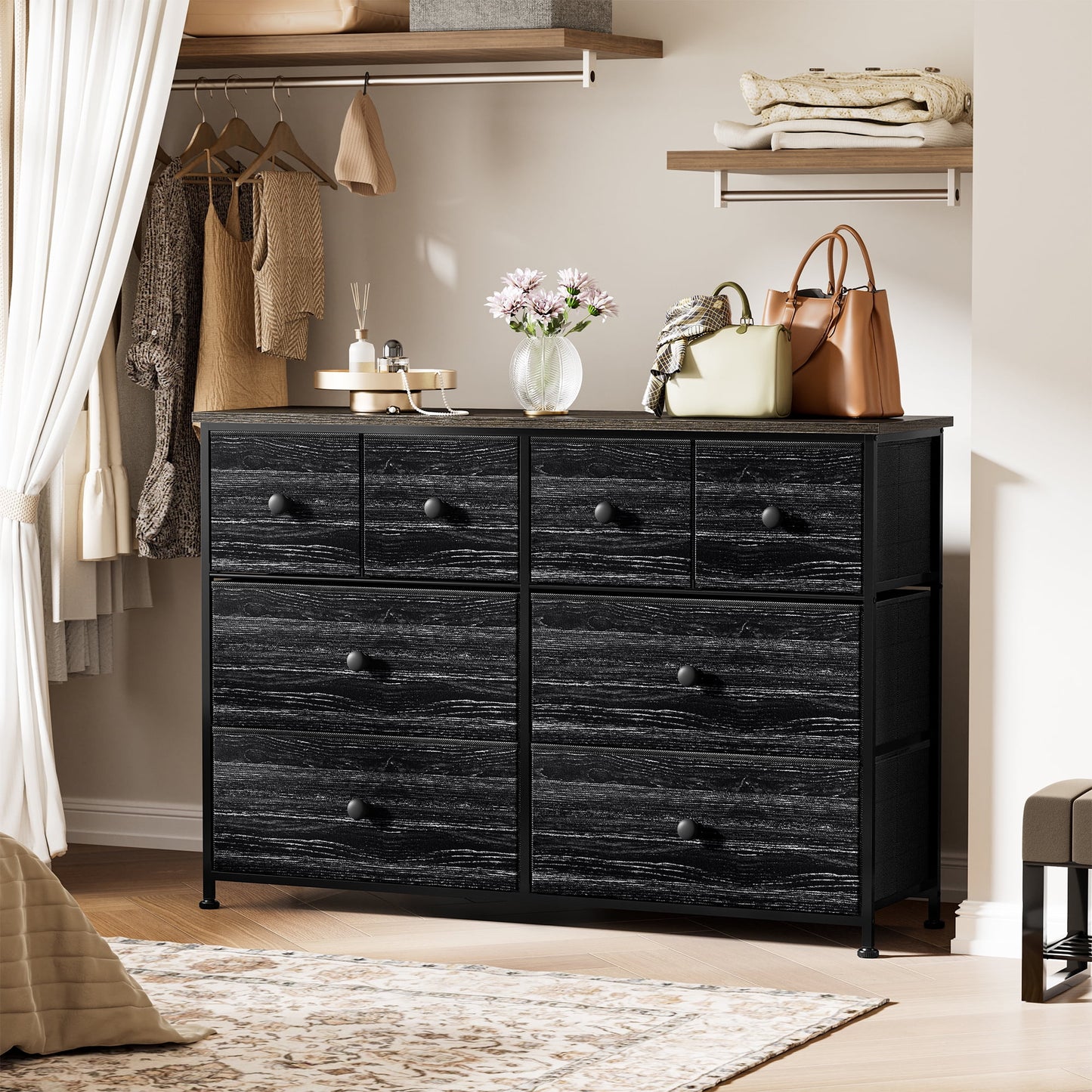 8 Drawer Dresser, Chest of Drawers for Bedroom, Fabric Drawer for Kids and Adult, Steel Frame and Wooden Top Black