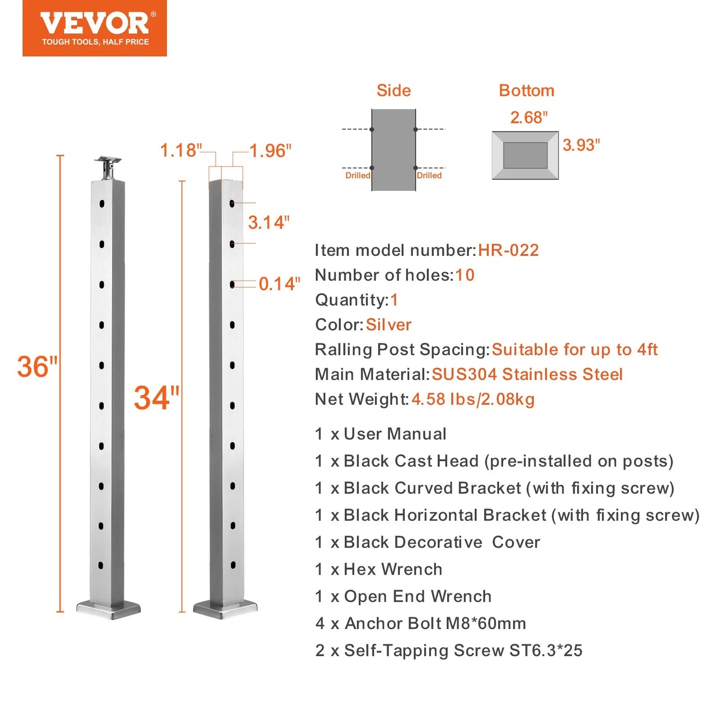 VEVOR Cable Railing Post Level Deck Stair Post 36 X 0.98 X 1.97" Cable Handrail Post Stainless Steel Wire Drawing Deck Railing Pre-Drilled Pickets with Mounting Bracket Stair Railing Kit Silver