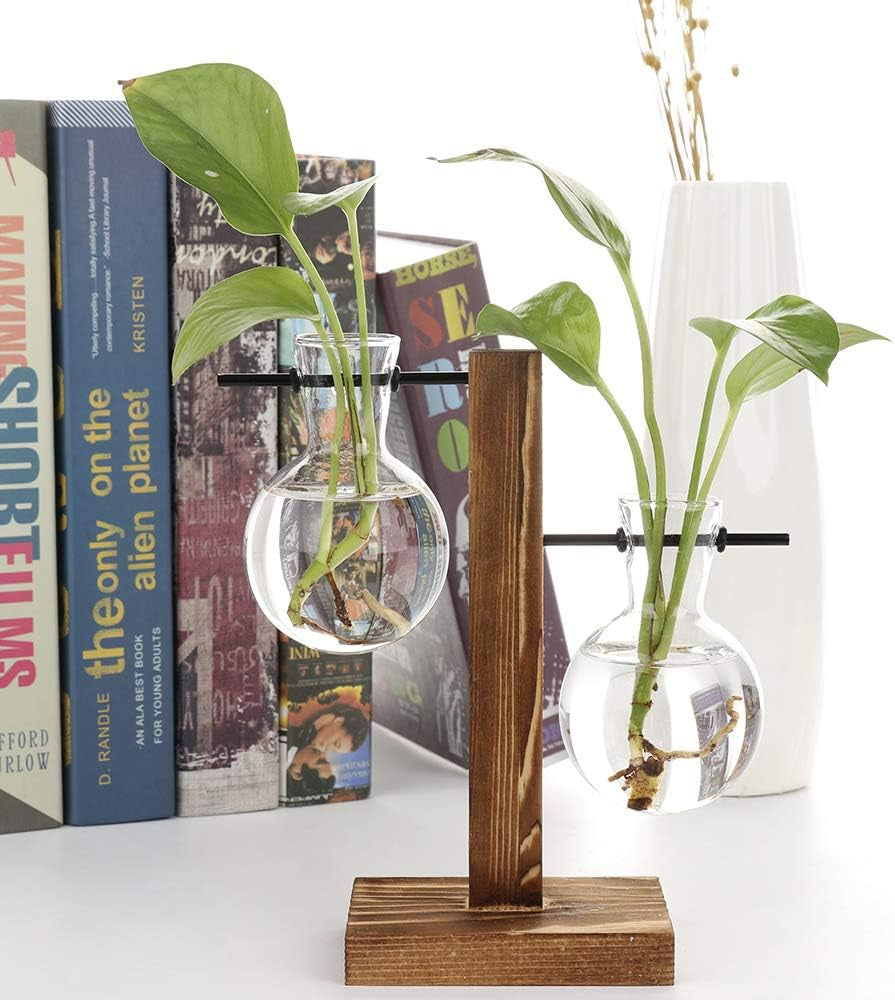 Hydroponic Vase Water Propogating Vase Station Plant Terrarium with Wooden Stand Air Planter Bulb Glass Vase Desktop Planter Glass Bulb Vase Retro Hanging Plant Glass Vase Home Decor