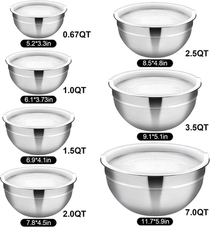 Mixing Bowls Set of 7, AIKIW Stainless Steel Mixing Bowls with Lids, Size 7,3.5,2.5,2,1.5,1,0.67QT, Stackable Design Metal Nesting Bowls for Kitchen Cooking, Baking, Marinating