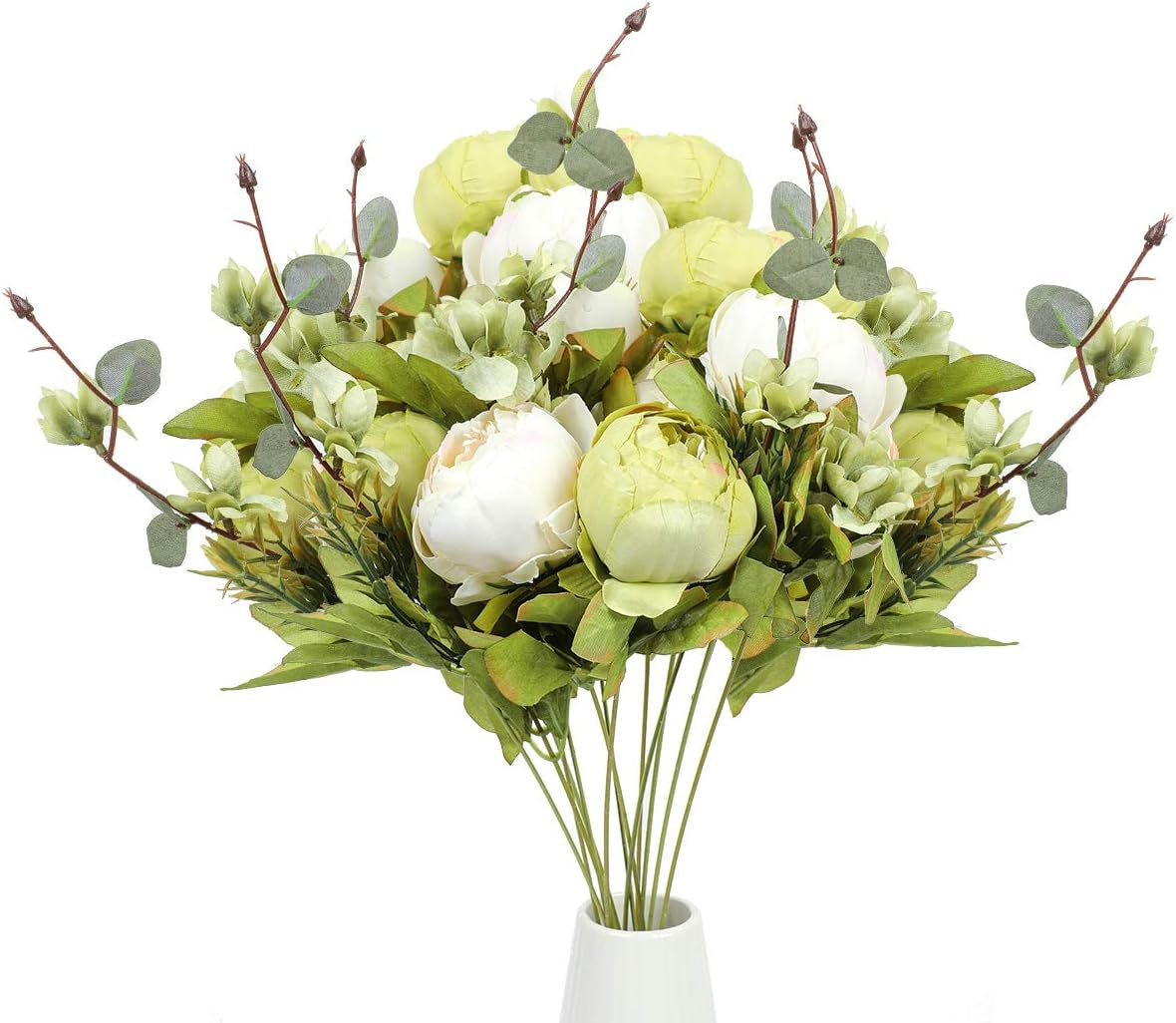 2Pcs Artificial Green Peonies Silk Flowers Bouquet Fake Spring Flower for Wedding Home Garden Party Decoration (New Green)